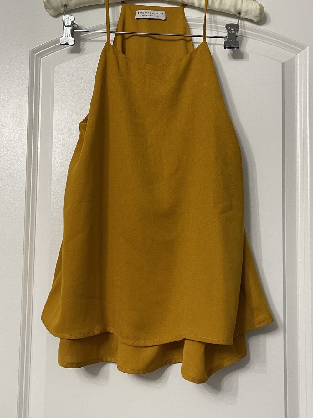 Paper Crane Mustard Yellow Halter Top Sleeveless Tiered Layered Hem Size XS